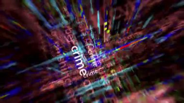 Headline news titles across media withCrime, lawlessness and criminal . Abstract concept displays loop. Flight between screens with glitch effect seamless and looped 3d.