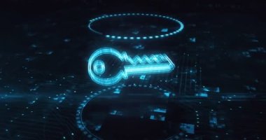 Dijital arkaplanda anahtar hologram sembollü siber güvenlik ve şifre güvenliği görülüyor. Ağ, siber teknoloji ve bilgisayar soyut konsepti 3D animasyon.