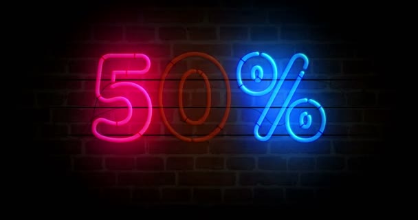 Neon Symbol Brick Wall Percent Sale Discount Promotion Retail Light — Stockvideo