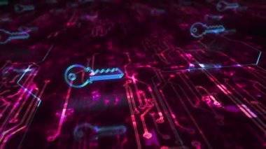 Cyber security and password safety with Key symbol abstract cyber concept. Digital technology and computer background seamless and looped 3d animation.