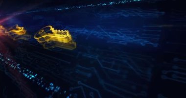 Cyber security and password safety with Key hologram symbol appears on a electronic circuit background. Network, cyber technology and computer abstract concept 3d seamless and loop animation.