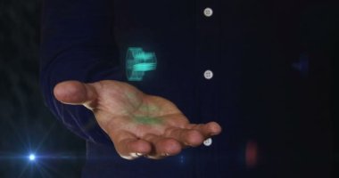 Cyber security and password safety with Key 3d symbol over man hand. Cyber technology icon abstract concept seamless and loopable.