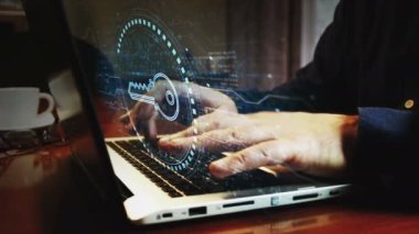 Cyber security and password safety with Key symbol and man typing computer keyboard. Hands on laptop. Network, cyber technology and background abstract concept.