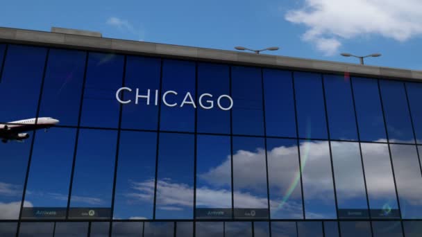 Plane Landing Chicago Illinois Usa Arrival City Glass Airport Terminal — Stok video