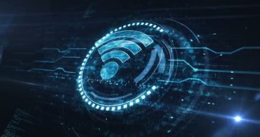 Wifi mobile communication and wireless network technology symbol digital concept. Network, cyber technology and computer background abstract 3d animation. Seamless and loopable.
