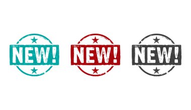 New stamp icons in few color versions. Fresh offer promotion concept 3D rendering illustration.