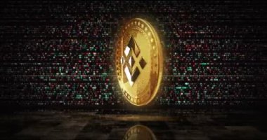 Binance BNB stablecoin cryptocurrency gold coin on digital screen loopable background. Rotating golden metal looping abstract concept. 3D loop seamless animation.
