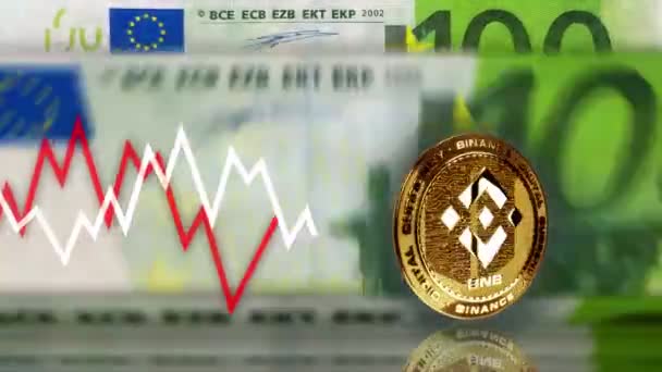 Binance Bnb Stablecoin Cryptocurrency Golden Coin 100 Euro Banknotes Eur — Vídeo de Stock