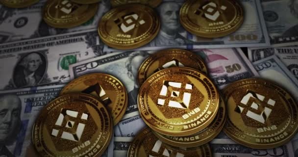 Binance Bnb Stablecoin Cryptocurrency Golden Coin Dollar Banknotes Crypto Currency — 图库视频影像