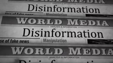 Disinformation fake news, manipulation and propaganda. Vintage newspaper printing abstract concept. Retro 3d black and white animation.