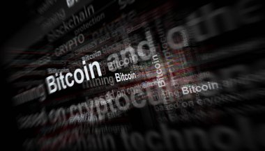 Headline news across international media with Bitcoin cryptocurrency and blockchain. Abstract concept of news titles on noise displays. TV glitch effect 3d illustration.