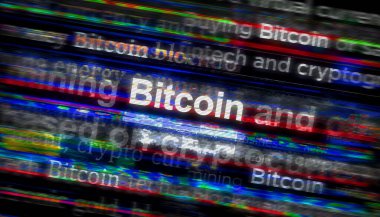 Headline news across international media with Bitcoin cryptocurrency and blockchain. Abstract concept of news titles on noise displays. TV glitch effect 3d illustration.