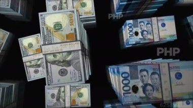 Amerikan Doları ve Filipin Pezosu para değişimi. Banknotlar tomar tomar. Ticaret, ekonomi, rekabet, kriz, bankacılık ve finans kavramı. Döngüsüz 3D notalar.