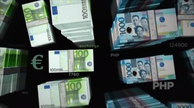 Euro ve Filipin Peso para değişimi. Kağıt banknotlar tomar tomar. Ticaret, ekonomi, rekabet, kriz, bankacılık ve finans kavramı. Döngüsüz 3D canlandırma notaları.