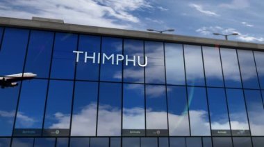 Paro Thimphu, Butan 3D 'ye uçak iniyor. Cam havaalanı terminali ve jet uçağının yansımasıyla şehre vardık. Seyahat, iş, turizm ve ulaşım 3D konsepti.