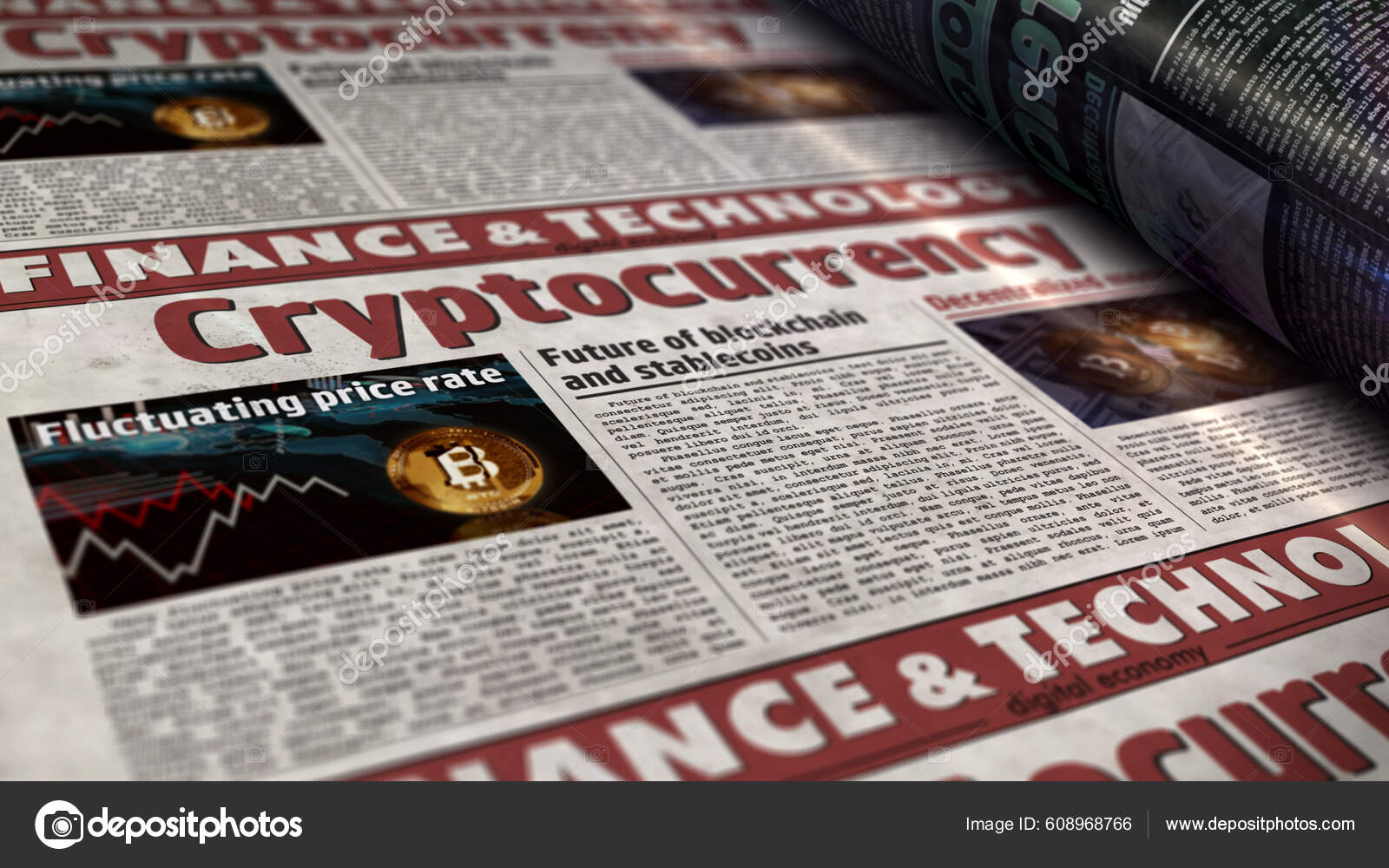 加密货币比特币区块链和数字货币报纸印刷古今出版社的抽象概念还原3D渲染说明——图库图片© Skorzewiak #608968766