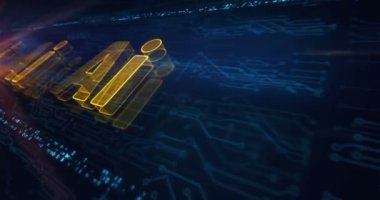 Artificial intelligence technology AI and deep learning hologram symbol appears on a electronic circuit background. Computer network, cyber technology abstract concept 3d seamless loop animation.