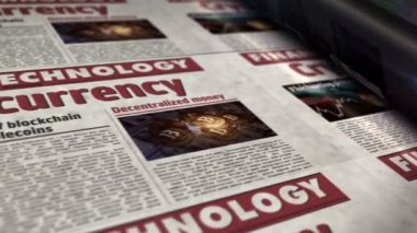 Kripto para birimi, bitcoin, engelleme zinciri ve dijital para gazetesi rulo baskısı. Soyut konsept 3D renklendirme kusursuz döngülü animasyon.