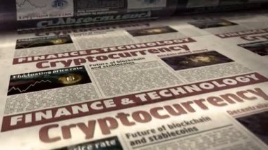 Kripto para birimi, bitcoin, engelleme zinciri ve dijital para gazetesi rulo baskısı. Soyut konsept 3D renklendirme kusursuz döngülü animasyon.
