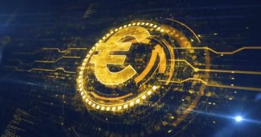 Euro stabil para birimi işi ve dijital para sembolü dijital konsept. Ağ, siber teknoloji ve bilgisayar geçmişi soyut 3D animasyon. Kusursuz ve döngüsüz.