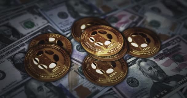 Polkadot Dot Kryptowaluta Złota Moneta Nad Banknotami Dolarowymi Waluta Crypto — Wideo stockowe