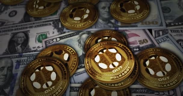 Polkadot Dot Criptomoeda Moeda Ouro Sobre Notas Dólar Criptomoeda Com — Vídeo de Stock