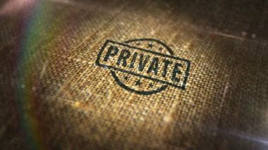 Doğal keten çuvalında özel işaret damgası. Mahremiyet, gizli ve gizli 3D tasarlanmış soyut bir kavram. Döngüsüz ve kusursuz animasyon.