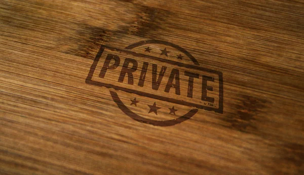 Prywatny Znaczek Wydrukowany Drewnianym Pudełku Prywatność Tajna Poufna Koncepcja — Zdjęcie stockowe