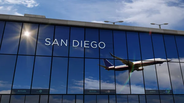 飞机降落在美国加州圣地亚哥3D渲染插图 带着玻璃机场候机楼和喷气式飞机的反光到达城市 旅游和运输 — 图库照片