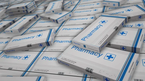 Pharmacy, medicine and healthcare box production line. Emergency and medical help pills pack factory. Abstract concept 3d rendering illustration.