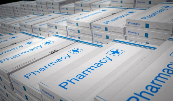 Pharmacy, medicine and healthcare box production line. Emergency and medical help pills pack factory. Abstract concept 3d rendering illustration.