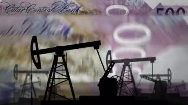 Katar Riyal para sayma makinesi ve yağ pompası. Petrol, doğalgaz platformu ve QAR banknotları ile yakıt enerji işi sayılıyor. Soyut konsept arkaplan illüstrasyonu döngüsel ve pürüzsüz 3d.