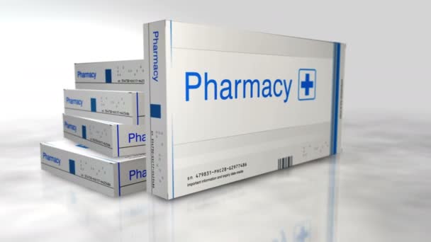 Farmacia Medicina Caja Salud Paquete Píldoras Emergencia Ayuda Médica Concepto — Vídeo de stock