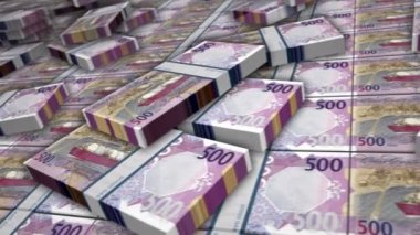 Katar parası Riyal banknot döngüsü. QAR para yığınları. İş, ekonomi, bankacılık ve finans kavramı. Para paketlerinin üzerinde kamera var. Döngüsüz 3D canlandırma.