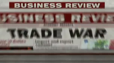 Ticaret Savaşı, ekonomik korumacılık ve finansal çatışma günlük gazete raporları. Soyut konsept retro 3d pürüzsüz döngü.