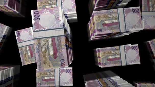 カタールのお金ライアルマネーパックループ Qar銀行券上のフライトはトップビューをスタックします 3Dループ可能なシームレスなアニメーション ビジネス 金融の概念 — ストック動画