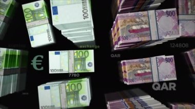 Euro ve Katar Riyal para değişimi. Kağıt banknotlar tomar tomar. Ticaret, ekonomi, rekabet, kriz, bankacılık ve finans kavramı. Döngüsüz 3D canlandırma notaları.