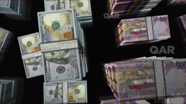 Amerikan Doları ve Katar Riyal para değişimi. Banknotlar tomar tomar. Ticaret, ekonomi, rekabet, kriz, bankacılık ve finans kavramı. Döngüsüz 3D notalar.
