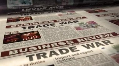 Ticaret Savaşı, ekonomik korumacılık ve finansal çatışma günlük gazete rulosu raporları. Soyut konsept 3D renklendirme kusursuz döngülü animasyon.