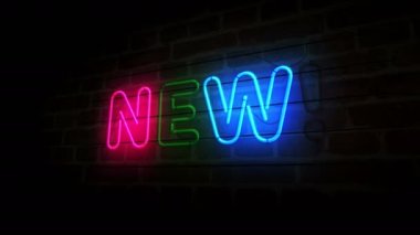 Yeni neon tuğla duvar. Retro yenilik, promosyon, fikir ve ürünün renk ampulleri. Soyut konsept 3d animasyon.
