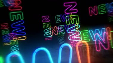 Yeni neon sembolü. Renkli ampuller. Retro yenilik, promosyon, fikir ve ürün soyut, pürüzsüz ve döngüsel konsept. 3D tünel animasyonunda uçuyor..