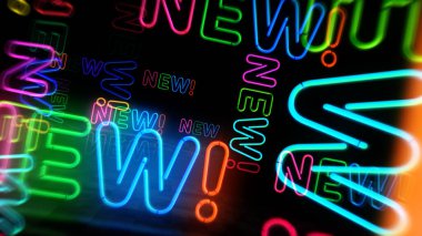 Yeni neon sembolü. Retro yenilik, promosyon, fikir ve ürünün renk ampulleri. Soyut konsept 3d illüstrasyon.