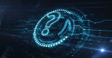 Soru işareti, arama, araştırma, faq, fikir ve dijital konsepti sembolize etmeye yardım. Ağ, siber teknoloji ve bilgisayar geçmişi soyut 3D animasyon. Kusursuz ve döngüsüz.
