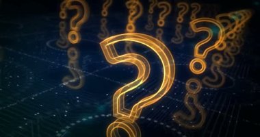 Soru işareti, arama, destek, faq, quiz ve soyut siber konseptin sembolü. Dijital teknoloji arka planı pürüzsüz ve döngüsel dinamik 3D animasyon.
