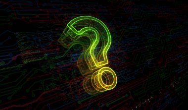 Soru işareti, arama, destek, faq, quiz ve dijital konseptin sembolü. Ağ, siber teknoloji ve bilgisayar arkaplanı soyut 3D resimleme.