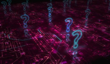 Soru işareti, arama, destek, faq, quiz ve dijital konseptin sembolü. Ağ, siber teknoloji ve bilgisayar arkaplanı soyut 3D resimleme.