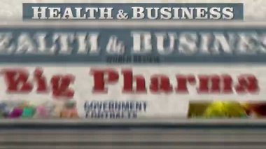 Big Pharma, ilaç endüstrisi ve medikal iş günlük gazete raporları. Soyut konsept retro 3d pürüzsüz döngü.