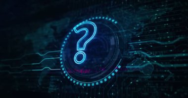 Soru işareti, arama, destek, faq, quiz ve soyut dijital konsepti sembolize etmek. Küresel ağ ve siber teknoloji arkaplanı pürüzsüz ve döngülü 3D animasyon.
