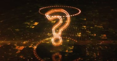 Soru işareti, arama, destek, faq, quiz ve hologram sembolünün dijital arkaplanda görünmesine yardım et. Ağ, siber teknoloji ve bilgisayar soyut konsepti 3D animasyon.