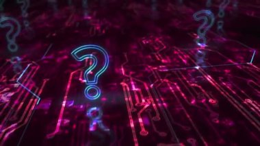 Soru işareti, arama, destek, faq, quiz ve soyut siber konseptin sembolü. Dijital teknoloji ve bilgisayar arkaplanı pürüzsüz ve döngülü 3D animasyon.